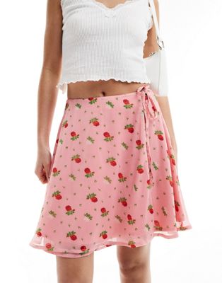 Wednesday's Girl flippy mini wrap skirt in pink floral