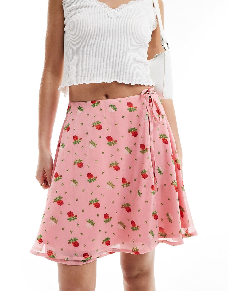 Wednesday's Girl flippy mini wrap skirt in pink floral