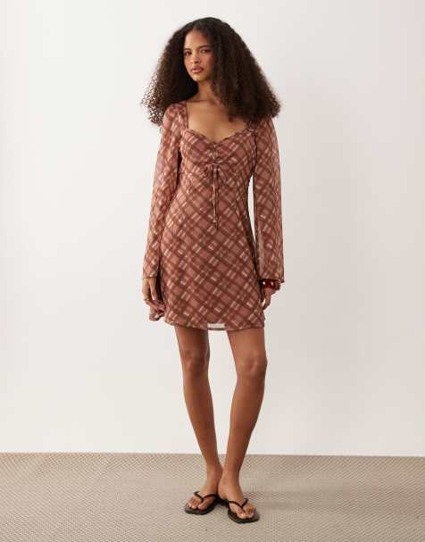 Wednesday's Girl floaty angel sleeve dress in brown tartan - view 1