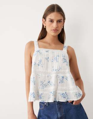 Wednesdays Girl floaty lace tiered smock top in baby blue floral blue