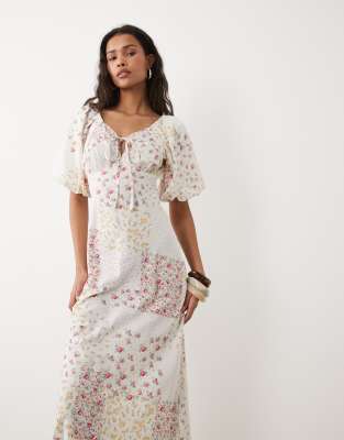 Wednesday's Girl Wednesdays Girl Floaty Midaxi Dress Spliced Floral Spot In White