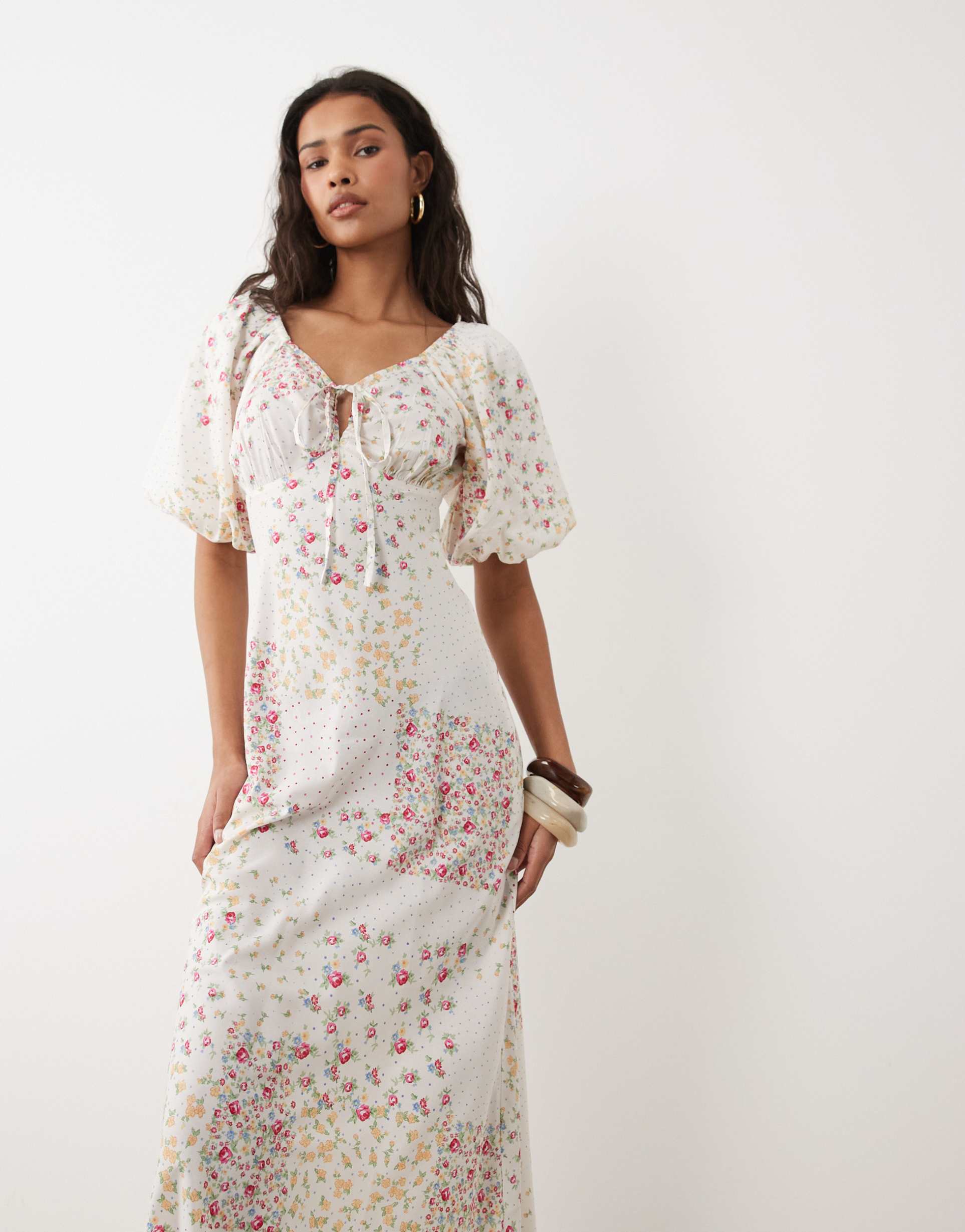 wednesdays girl floaty midaxi dress spliced floral spot in beige