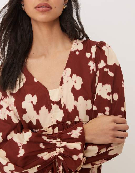 Wednesday's Girl floaty mini dress in brown smudge print , 2 of 4