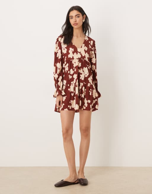 Wednesday's Girl floaty mini dress in brown smudge print , 4 of 4