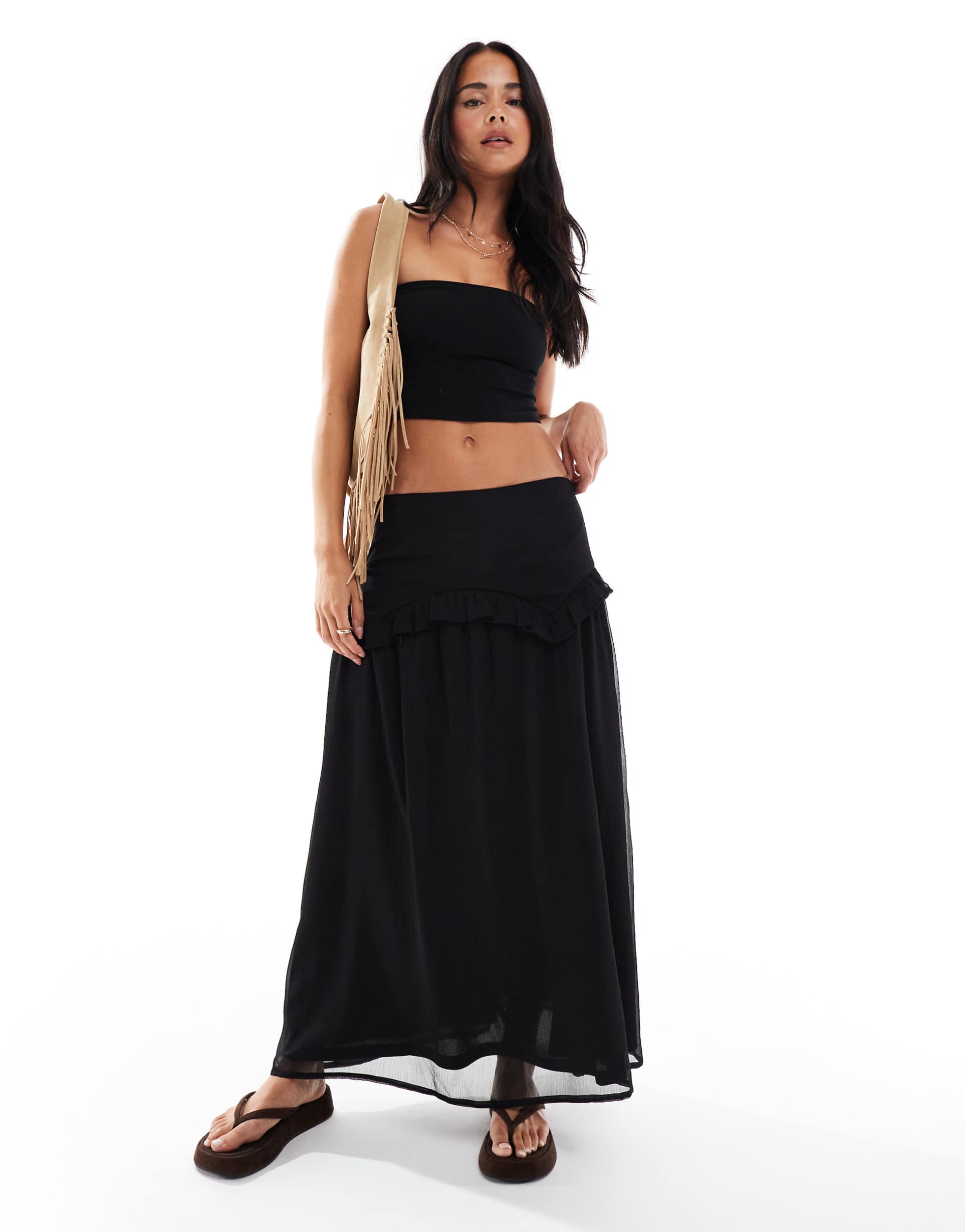 wednesday's girl floaty ruffle detail midaxi skirt in black