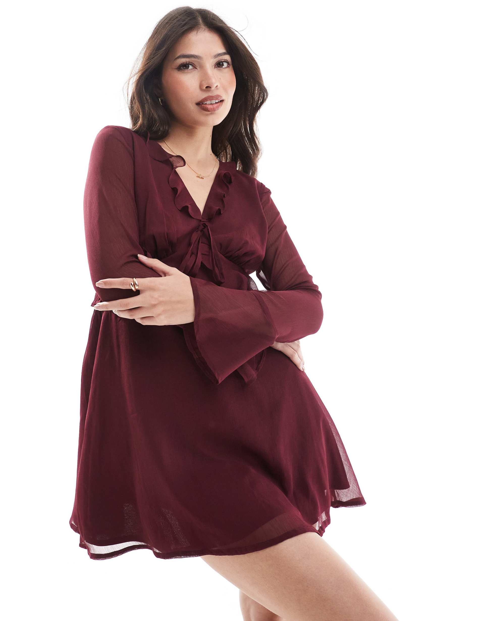 wednesday's girl floaty ruffle mini dress in deep burgundy