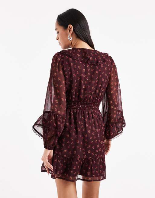 Wednesday's Girl floaty ruffle mini dress in floral plum print | ASOS