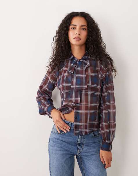 Wednesday's Girl floaty shirt in blue check - view 1