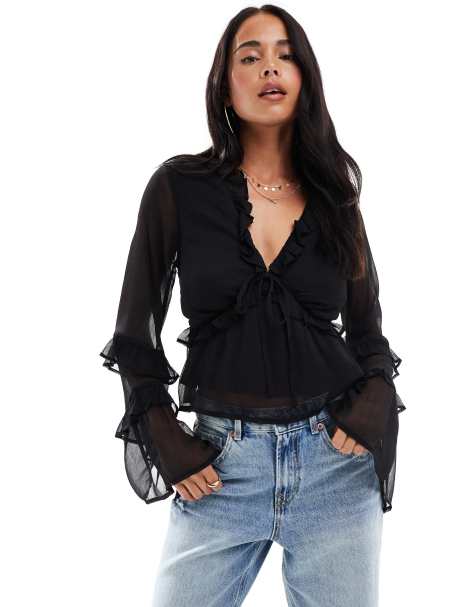 Wednesday's Girl floaty tie-front blouse in black - view 1