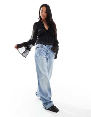 Wednesday's Girl Floaty Tie-front Blouse In Black