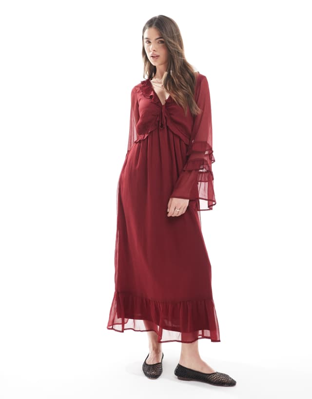 Wednesday's Girl floaty V-neck midaxi dress in burgundy