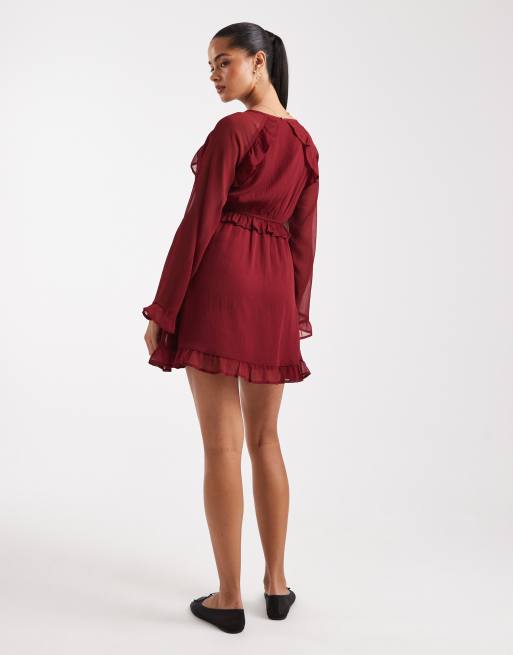 Wednesday's Girl floaty v-neck mini smock dress in burgundy-Red