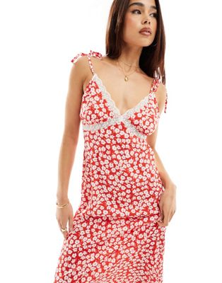Wednesday's Girl floral bloom lace insert midaxi cami dress in red