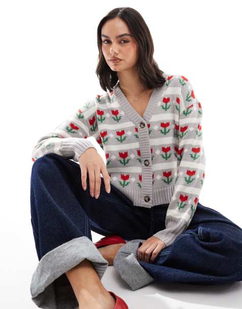 Wednesday's Girl floral intarsia cardigan in cream multi - view 1