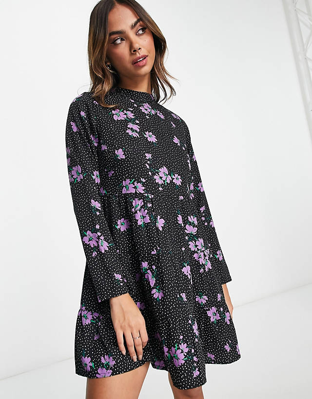 Wednesday's Girl floral polka dot print tiered mini smock dress in violet and black