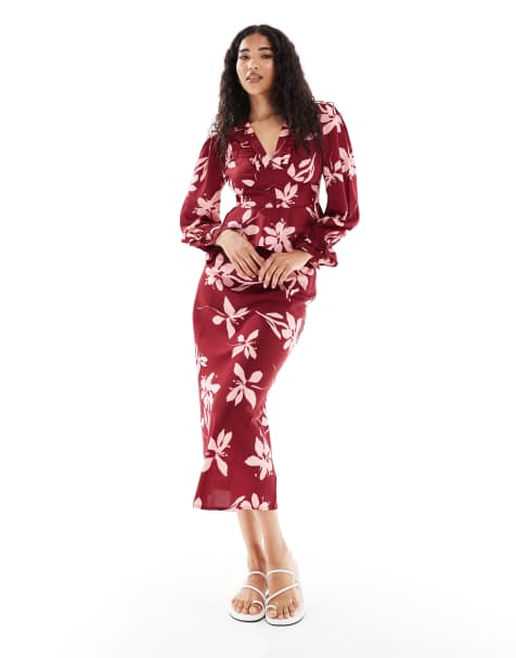 Wednesday's Girl floral print bias cut midaxi skirt in burgundy - view 1