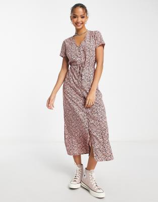 Wednesday's Girl floral print button through tie detail midi dress in pink