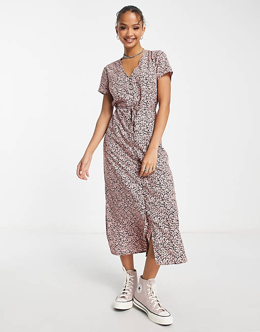 Wednesday's Girl floral print button through tie detail midi dress in pink