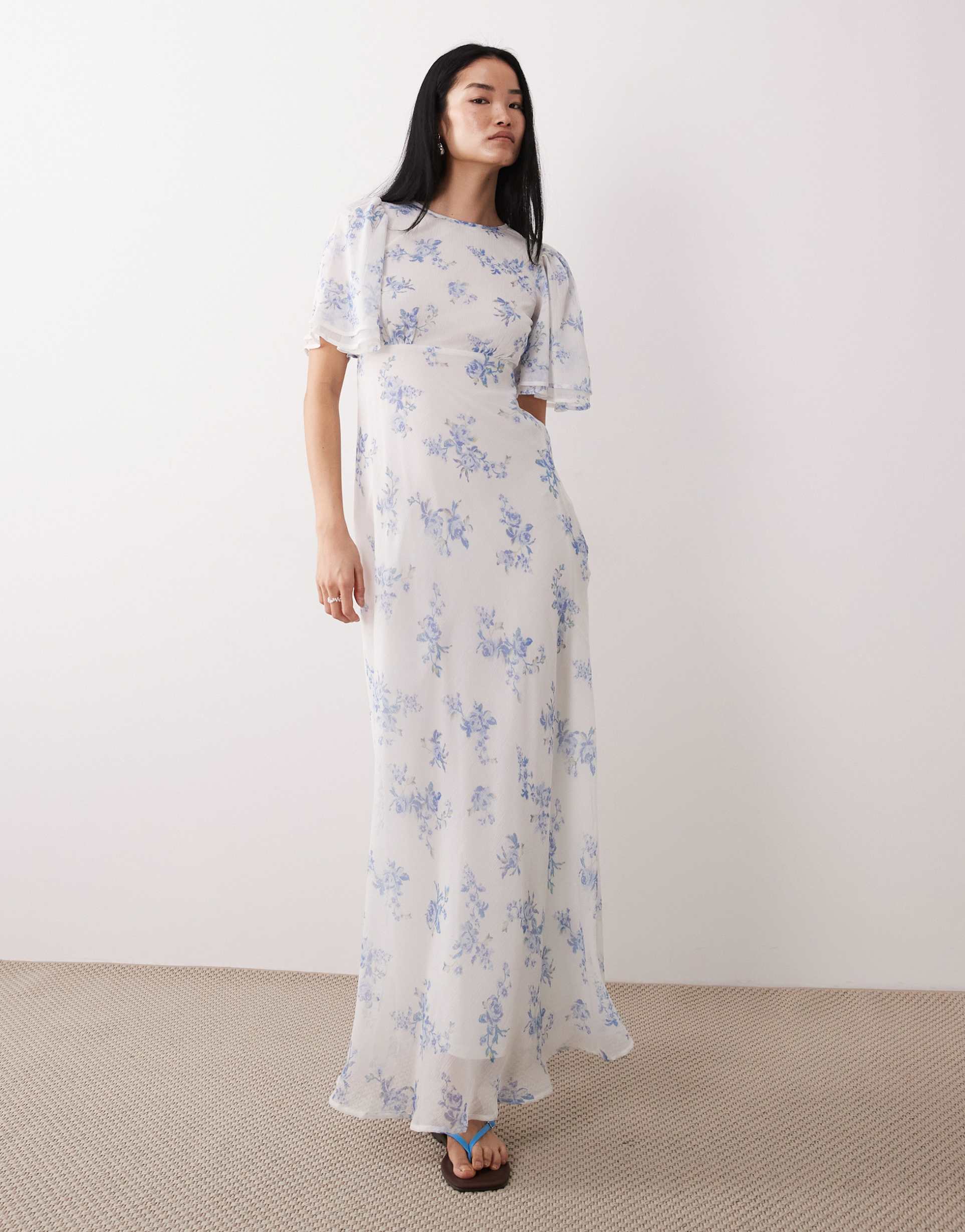 wednesday's girl floral print high neck ruffle sleeve maxi dress in blue