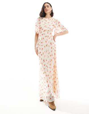 floral print high neck ruffle sleeve maxi dress in cream-White