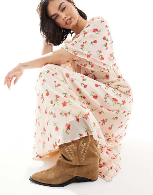 Wednesday's Girl floral print high neck ruffle sleeve maxi dress in cream