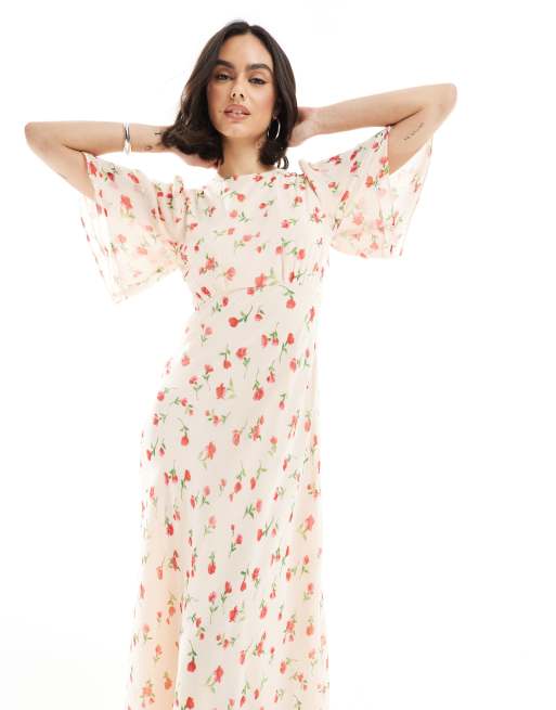 Wednesday's Girl floral print high neck ruffle sleeve maxi dress in cream