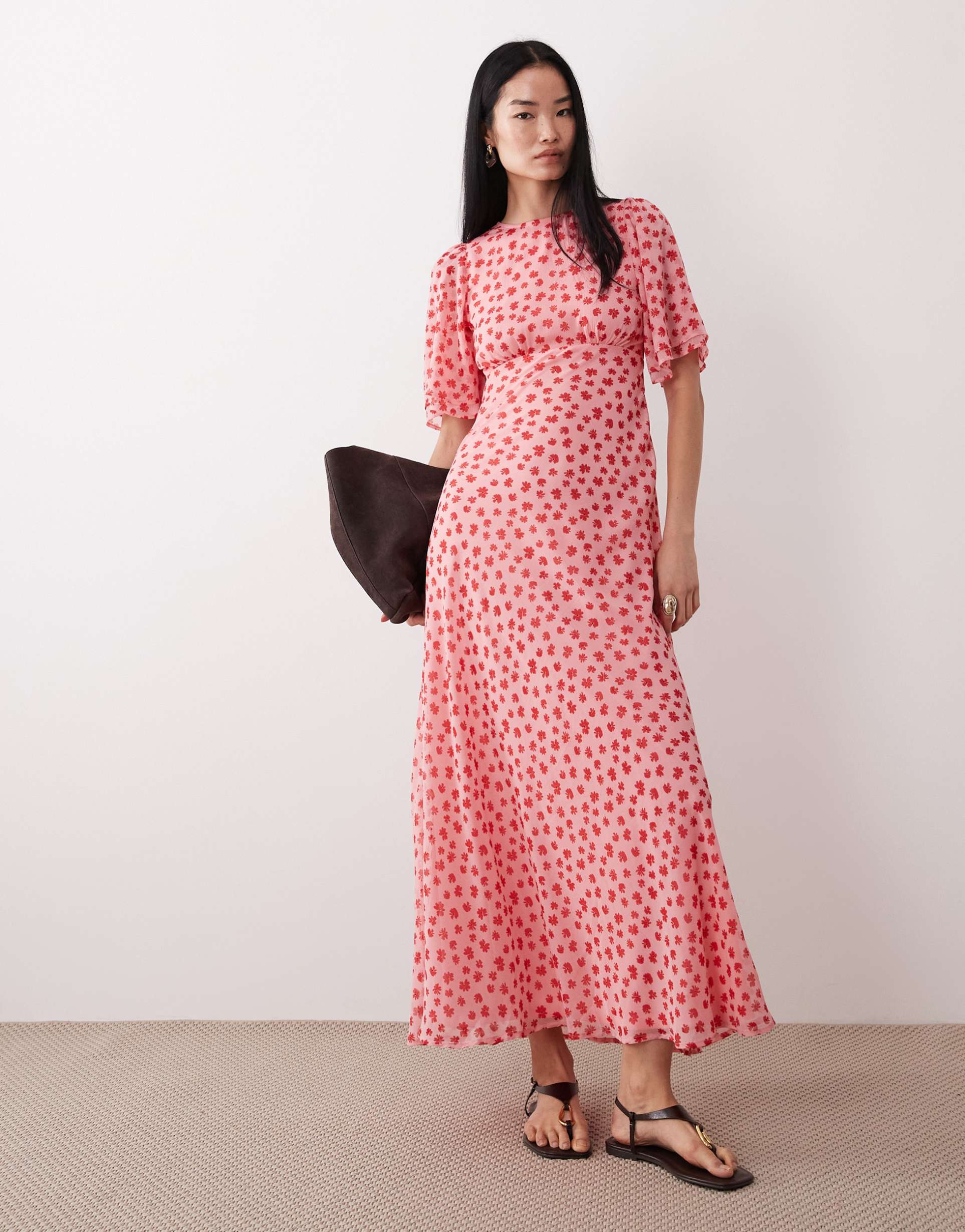 wednesday's girl floral print high neck ruffle sleeve maxi dress in pink