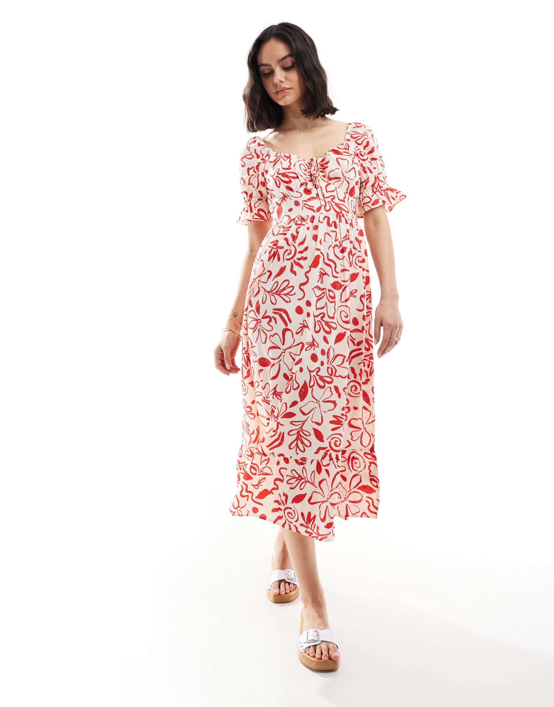 wednesday's girl floral print puff sleeve midi dress in red and cream