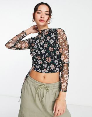 Wednesday's Girl floral print ruche detail mesh top in navy