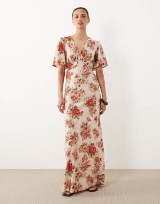 Wednesday's Girl Floral Print V Neck Flutter Sleeve Maxi Dress In Pink