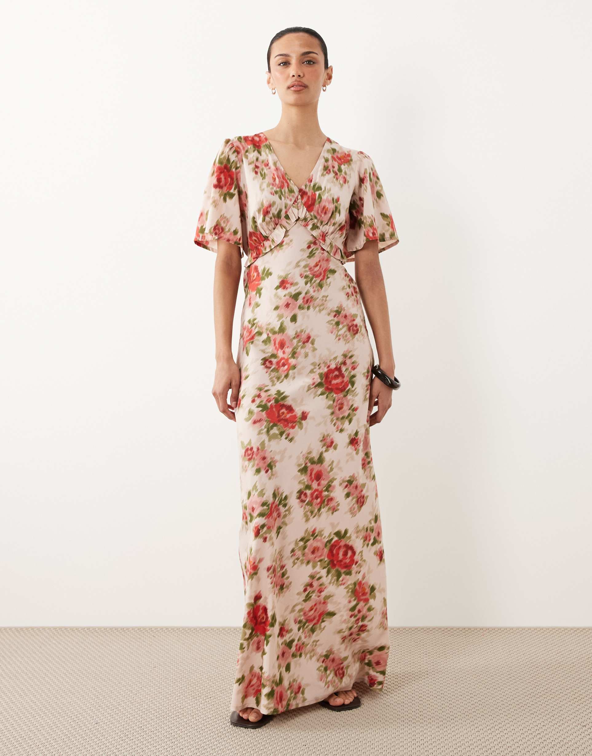 wednesday's girl floral print v neck flutter sleeve maxi dress in pink