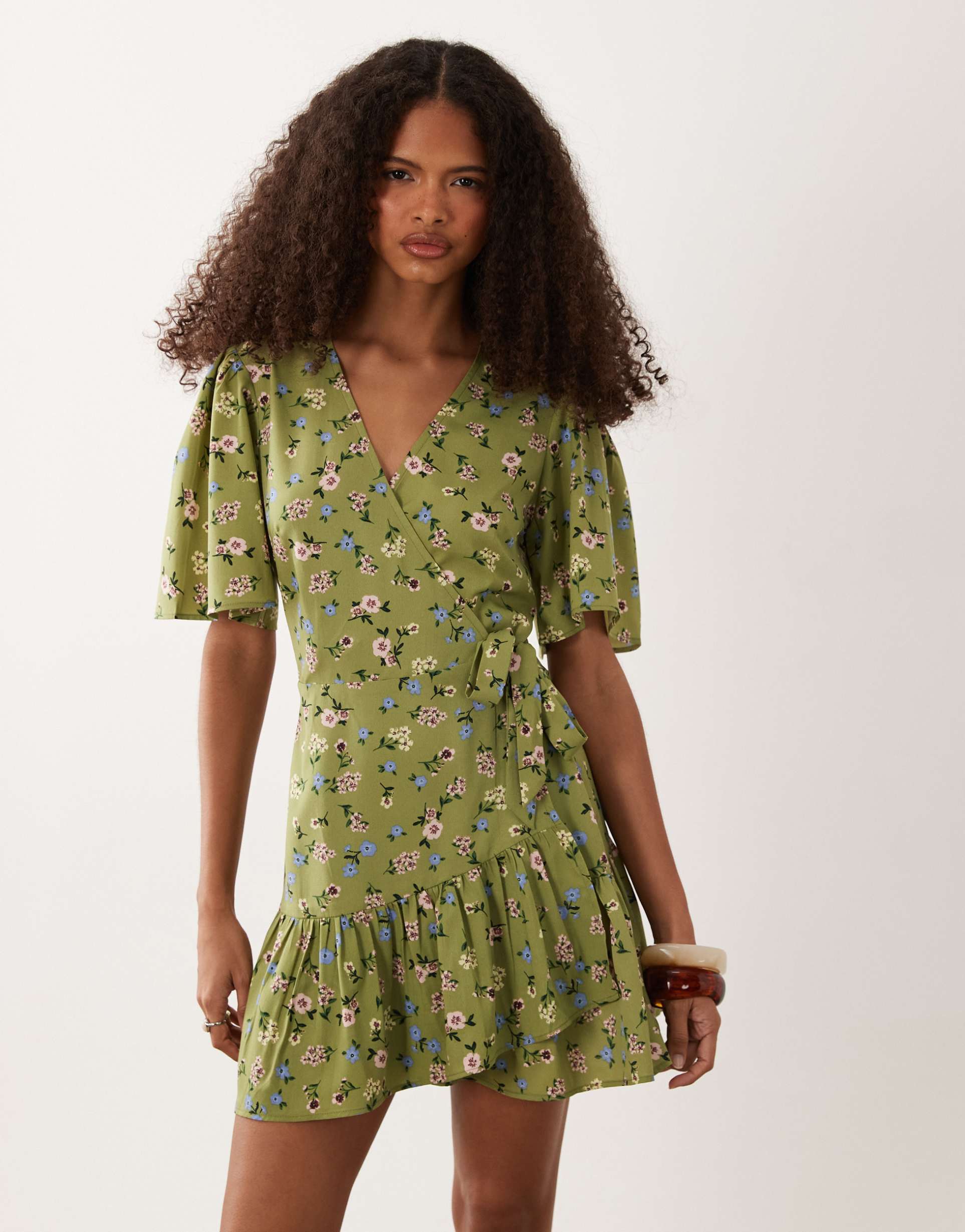wednesday's girl floral wrap detail flutter sleeve mini dress in green