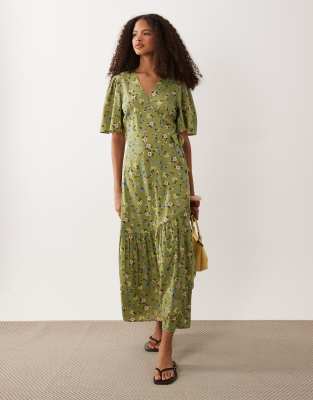 Wednesday's Girl Floral Wrap Detail Puff Sleeve Midi Dress In Green