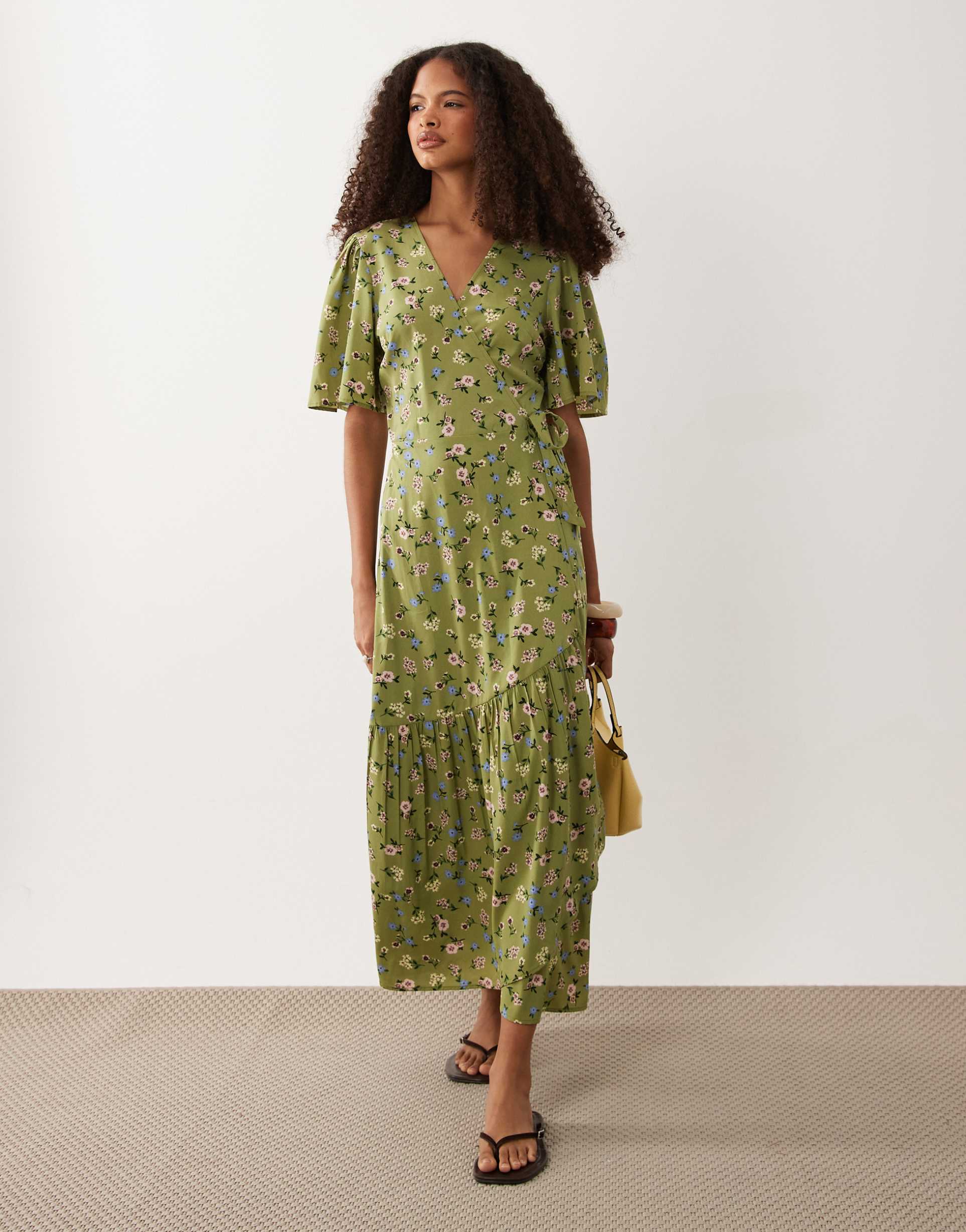 wednesday's girl floral wrap detail puff sleeve midi dress in green