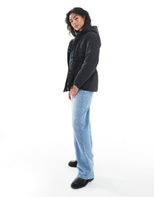 Wednesday's Girl Flower Quilted Cinch Waist Puffer Jacket In Black