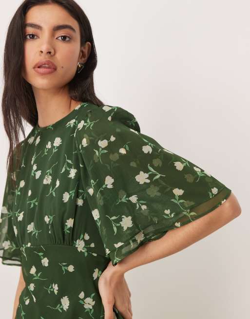 green floaty dress Green Satin Puff Sleeve Quinn Midi Dress