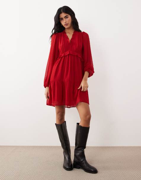 Wednesdays Girl frill detail chiffon mini dress in red