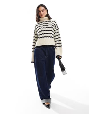 funnel neck zig-zag stripe sweater in cream and black-White