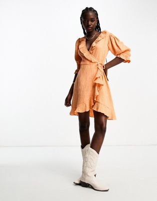 Wednesday's Girl gauzy ruffle wrap mini dress in washed orange - ASOS Price Checker