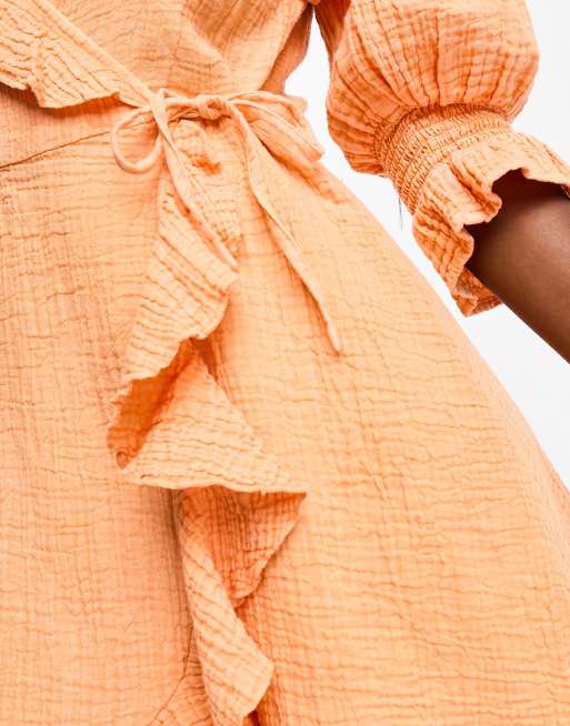 Wednesday s Girl gauzey ruffle wrap mini dress in washed orange ASOS