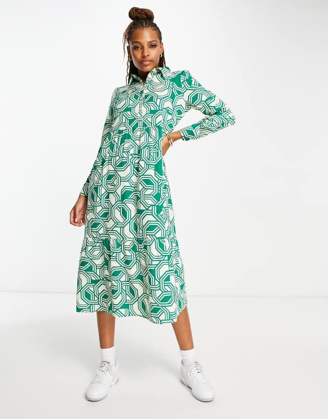 Wednesday's Girl geometric print button through midi shirt dress in green