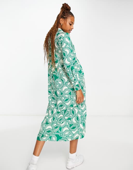 Wednesday s Girl geometric print button through midi shirt dress in green