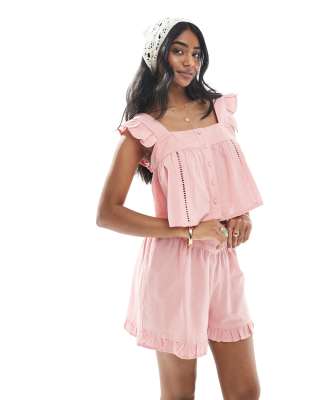 Wednesday's Girl - Gesmokte Bluse im Gaze-Stil in Rosa mit Rüschenärmeln, Kombiteil