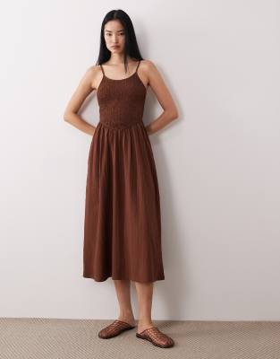 Gesmoktes Midaxi-Trägerkleid in Schokobraun-Brown Brown L