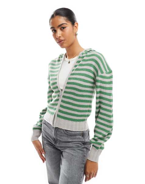 Wednesday's Girl - Gestreept vest met capuchon en rits in grijs en groen - view 1