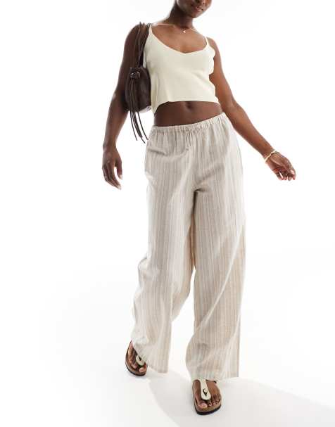 Wednesday's Girl - Gestreepte broek van linnenmix met wijde pijpen in beige - view 1