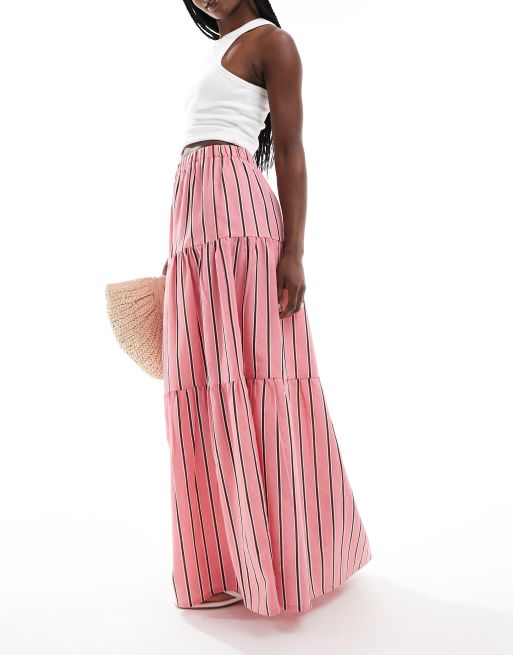 Wednesday's Girl - Gestreepte maxi rok met stroken in roze en bruin