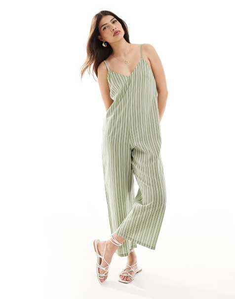 Wednesday's Girl - Gestreepte romper-jumpsuit in saliegroen en wit - view 1