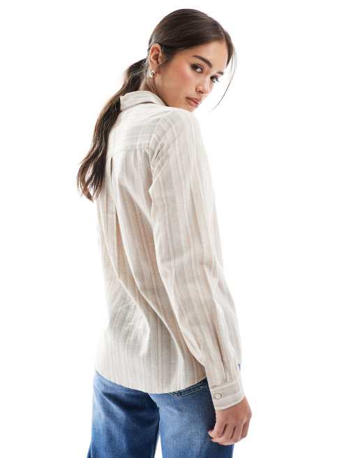 Wednesday's Girl – Gestreiftes Oversize-Leinenhemd in Beige, 3 von 4