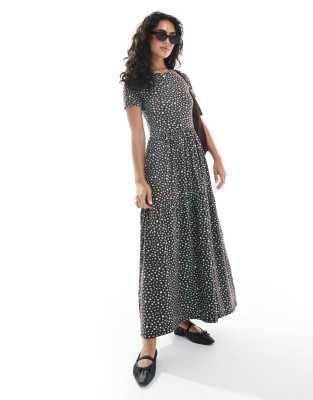 Wednesday's Girl - Gestuftes Midaxikleid in Braun und Aquablau mit Tupfenmuster